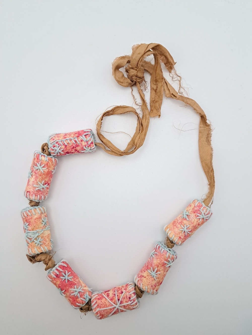 Handmade Textile Beaded Ribbon Necklace Pink & Peach Cotton Fabric Blue Yarn